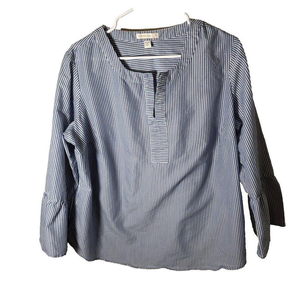 Westport Blouse Women's 1X Blue Striped V-Neck 3/4 Sleeve Casual Shirt Top